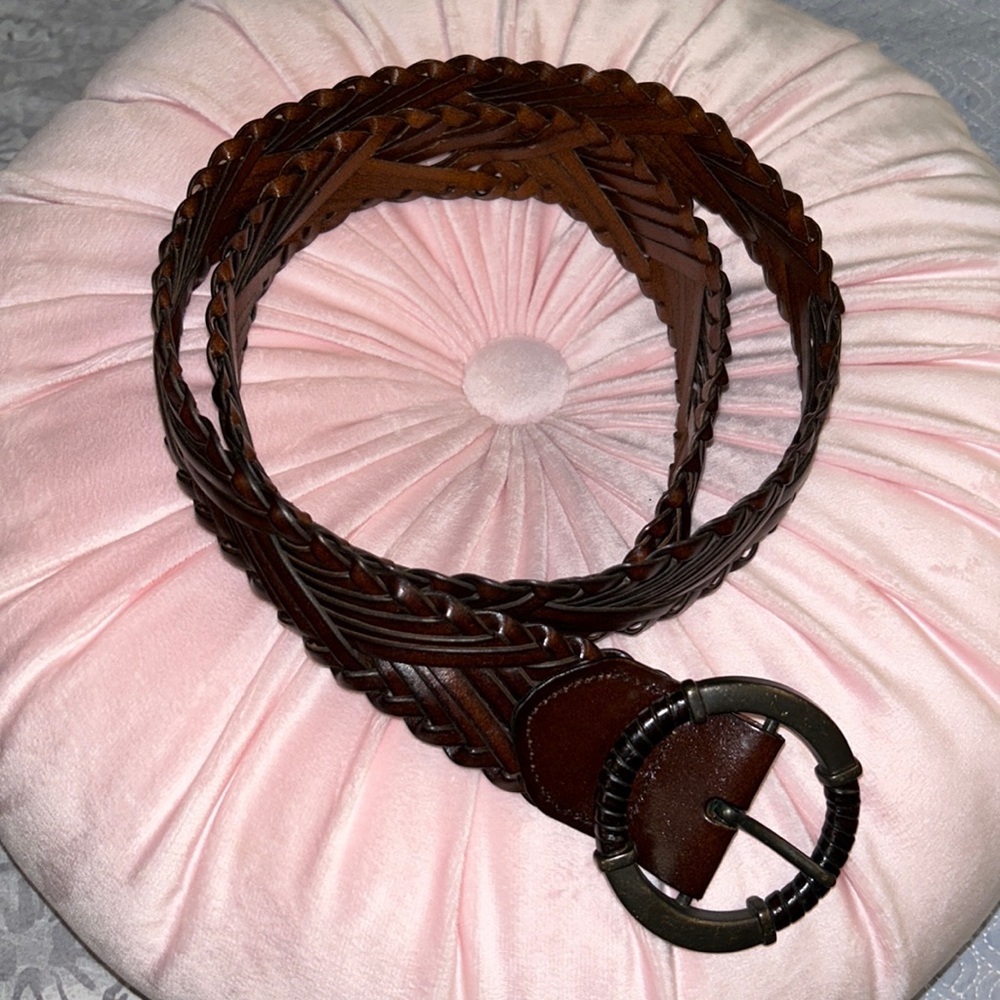 Vintage Brown Woven Leather belt with Round Metal Buckle - EUC